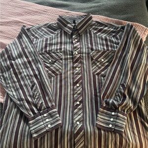 Men's Burgundy and Gray Striped Long-Sleeve Dress Shirt